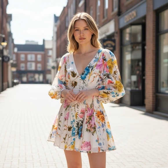 Zimmermann Halcyon Paneled Linen Minidress Women's US 4 Floral Blouson Sleev NWT